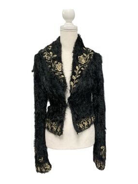 Free People Black Faux-Fur Dressy Sweater Gold Ornate Embroidered trim XS